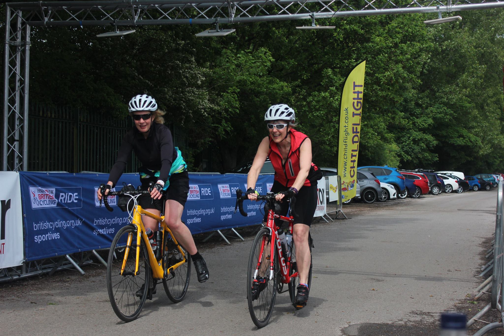 Maire and Andrea still smiling as they cross the Cycle For Amy finish line